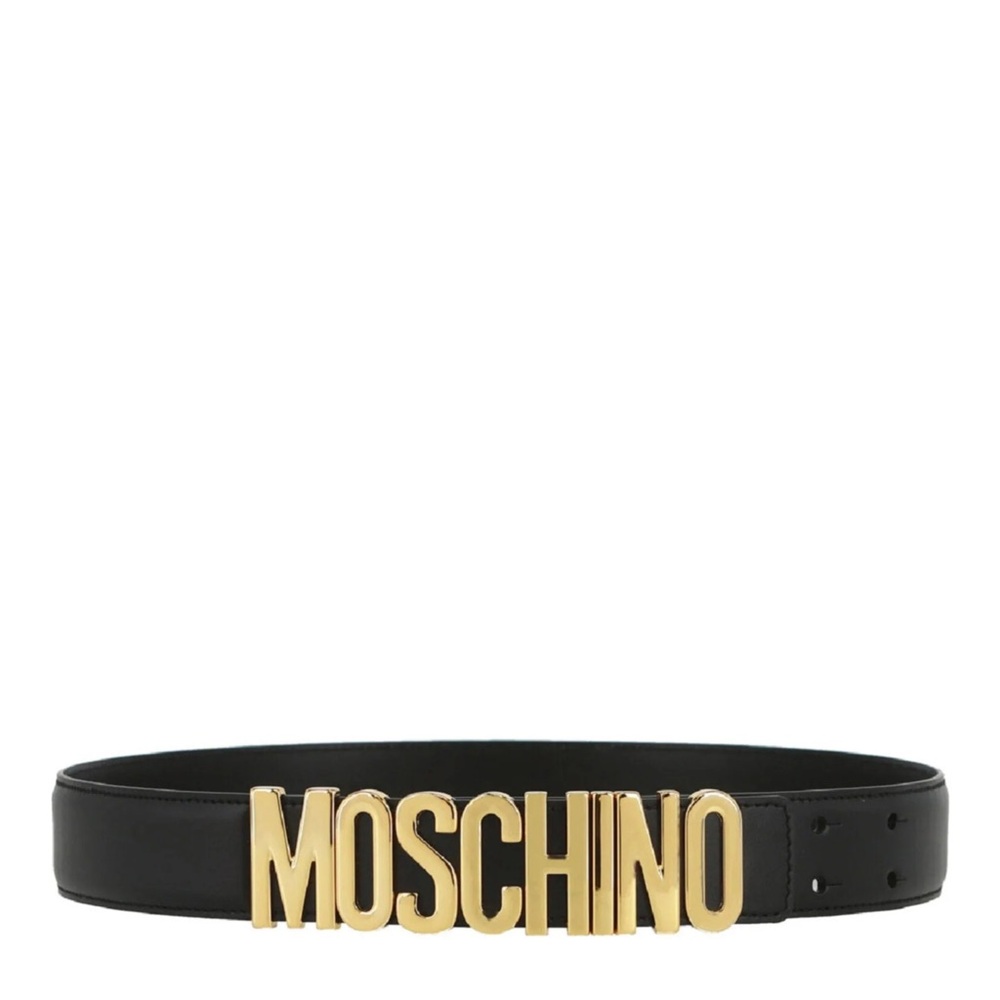 Moschino Black Leather Logo Belt Gold Hardware Size 38 Made in Italy